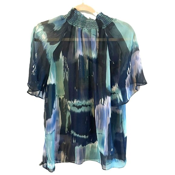 NWT Essentials by A.B.S. Watercolor Sheer Blouse S Mock Short sleeve $128 MSRP - Picture 2 of 6